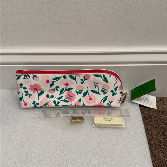 Kate Spade Pink and Green Floral Pencil pouch eraser sharpener ruler NWT - Picture 2 of 2